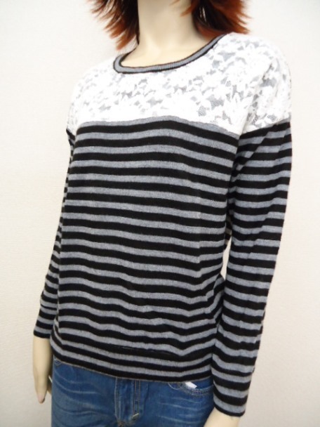 【KCM】ct5-7360400402-17■新品■【ANOTHER BRANCH/アナザーブランチ】胸元レース切替ニット/プルオーバー ブラック サイズF拍卖