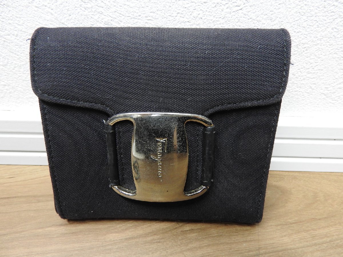 ★☆【送料無料】Ferragamo フェラガモ 財布 キャンバス レザー 黒 ブラック ☆★拍卖