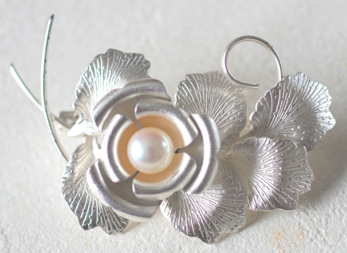 シルバー925製 パール付き薔薇の花のブローチ 洋銀拍卖