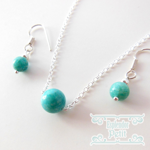 モザンビーク産 美しい発色 アマゾナイト 一粒ペンダントネックレス&ピアスセット【Esplendor Petit】拍卖