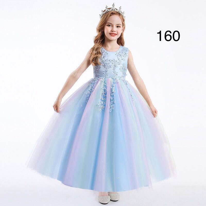 新品160㎝ブルー子どもドレスピアノ発表会ジュニアワンピースクリスマスロング子どもドレスワンピース七五三フラワーガールカラードレス拍卖