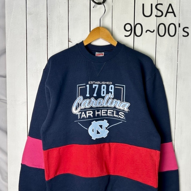 USA古着 90s~ 生地切替えカレッジ前Vスウェット 濃紺 メンズM~L程度 youth L オールド アメリカ古着 SOFFE 50/50 ポリ コットン ●195拍卖