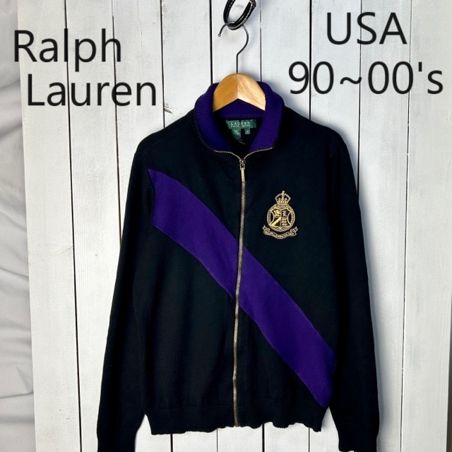 USA古着 90s~00s Ralph Lauren コットン ライン切替え ジップニットセーター S~M 黒 ラルフローレン オールド アメリカ古着 ロゴ●214拍卖