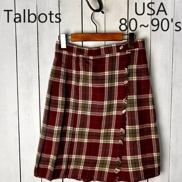 USA古着 80s~90s USA製 Talbots チェックウール プリーツラップスカート 6 ヴィンテージ オールド 膝丈 アメリカ 巻き タルボット●320拍卖