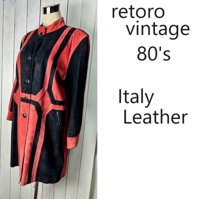 80s 本革イタリアンレザー 赤黒切替えデザイン ヌバックレザーコート F ヴィンテージ オールド ロング スウェード レトロ 個性的●119拍卖
