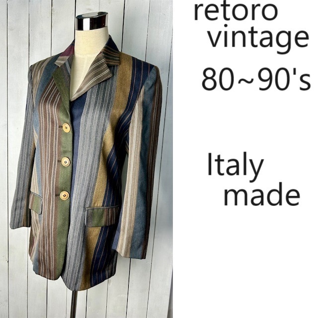 レトロ古着 80s~ イタリア製 ランダムストライプ テーラードジャケット 42 スーツ上 オールド ヴィンテージ 3つボタン ウール ●121拍卖