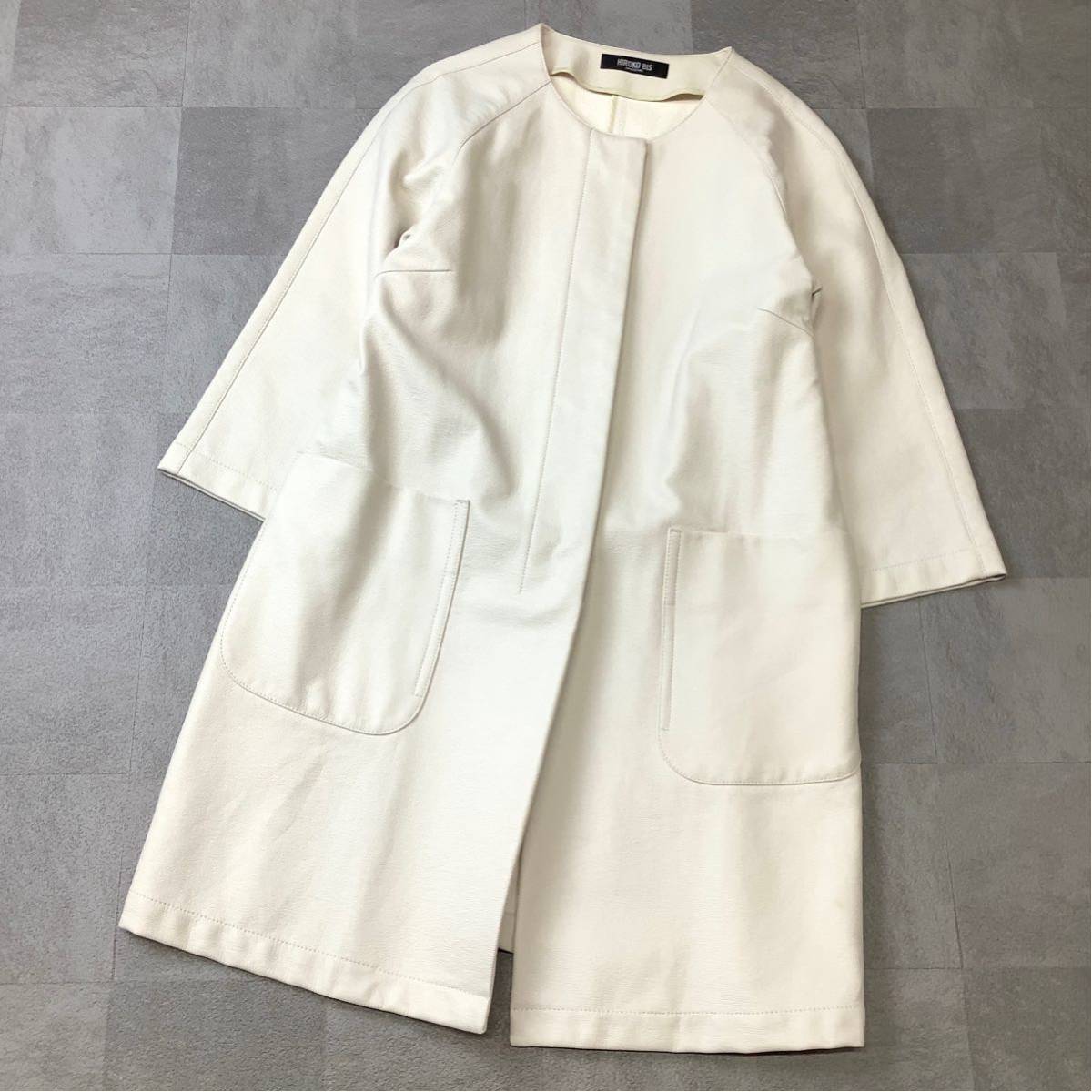 良品 HIROKO BIS ヒロコビズ ノーカラー エコレザーコート ロングコート レディース 9 S ライトベージュ 合皮 ヒロコシノ拍卖