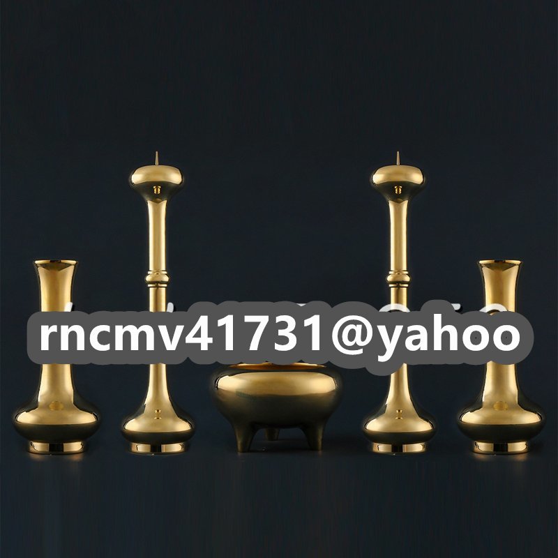 「密教法具 寺院用仏具」大型 寛通型 五具足 花立1対 火立1対 香炉1個 仏教工芸品 磨き仕上げ 真鍮製 9寸拍卖