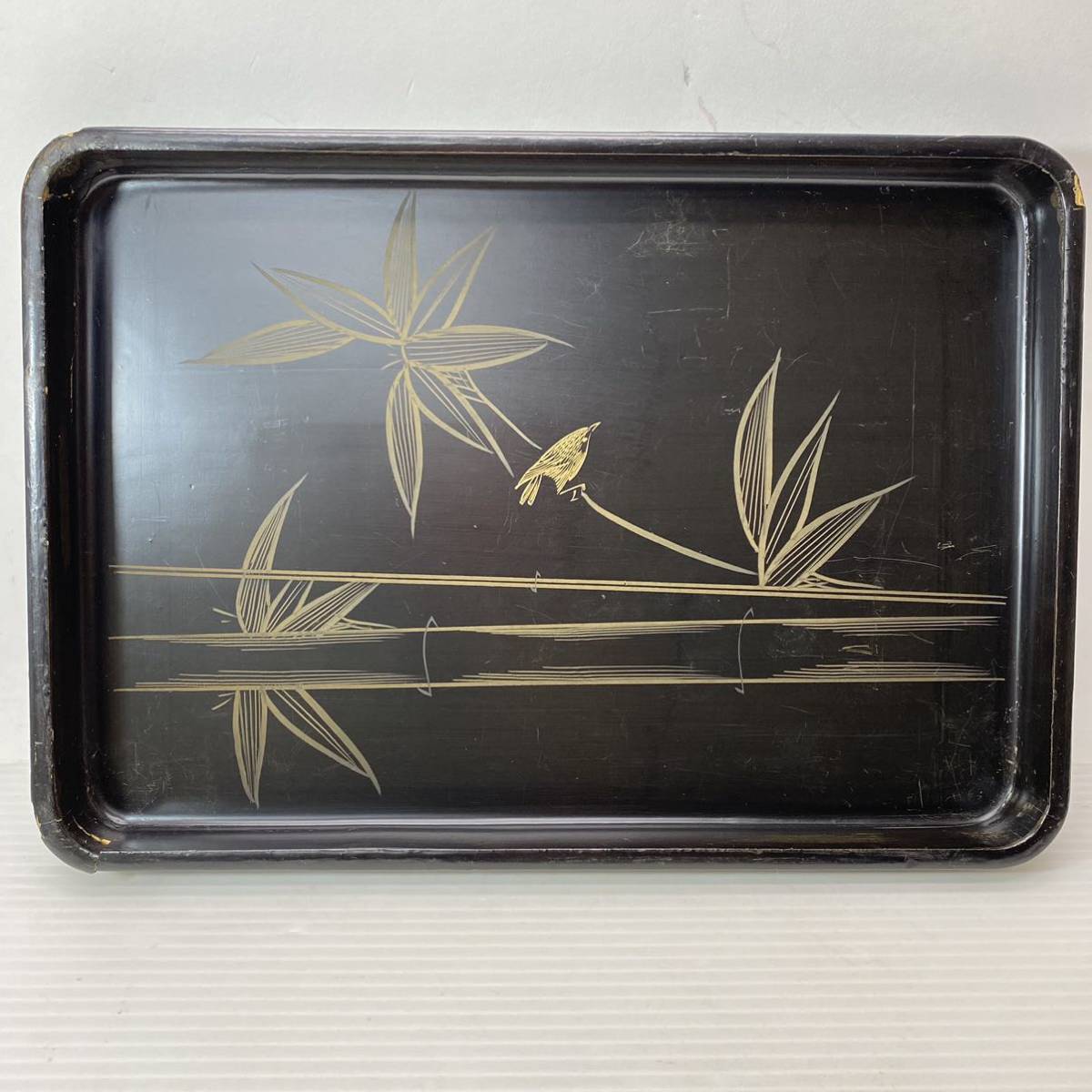 漆器 木製 お盆 角盆 蒔絵 金彩 鳥 竹 古道具 インテリア 飾拍卖