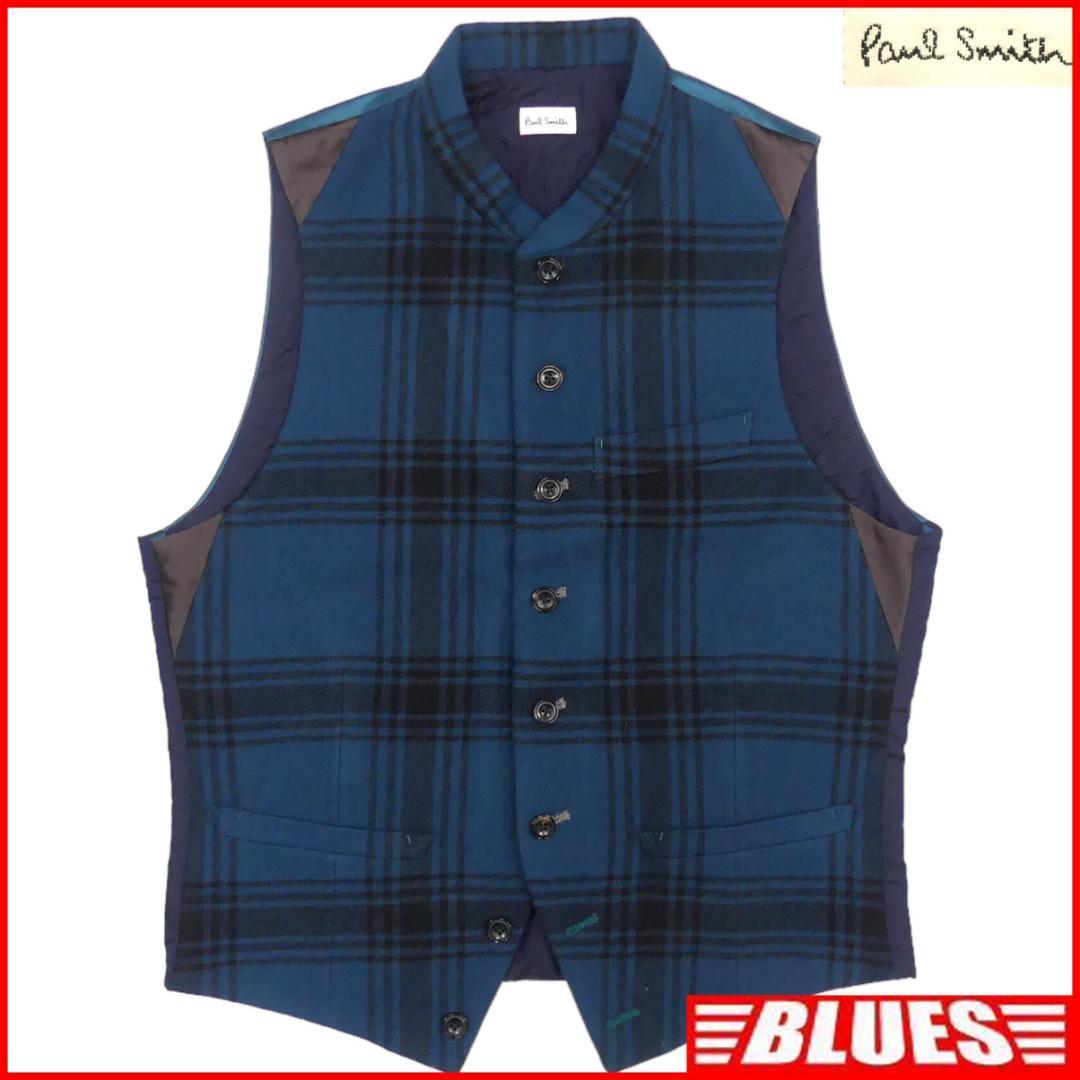 即決★Paul Smith★メンズM ベスト ポールスミス 青 チェック ウール シルク 緑拍卖