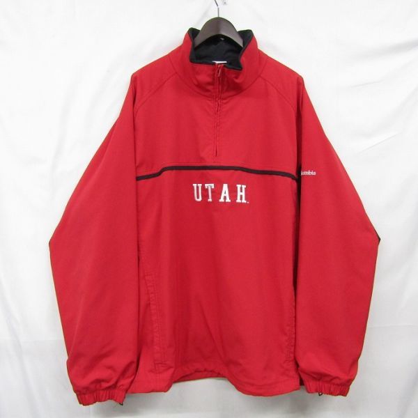 ビックサイズ 2XL Columbia ハーフ ジップ プルオーバー スタンドカラー 企業ロゴ レッド ブラック コロンビア 古着 ビンテージ 3N1308拍卖