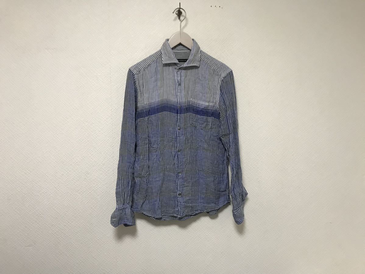 本物インターメッツォINTERMEZZZOコットンガーゼチェック柄長袖シャツメンズサーフミリタリーアメカジビジネススーツゴルフブルー青S拍卖