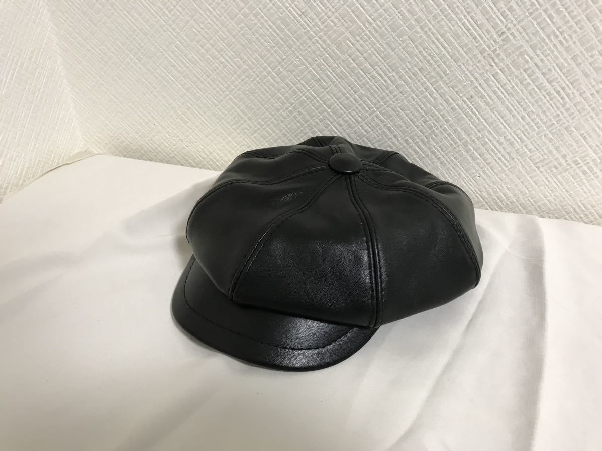 新品未使用本物セレブレザーリアル本革ラムレザー羊皮八角帽子キャップ黒ブラック旅行トラベルメンズレディースゴルフワークミリタリー拍卖