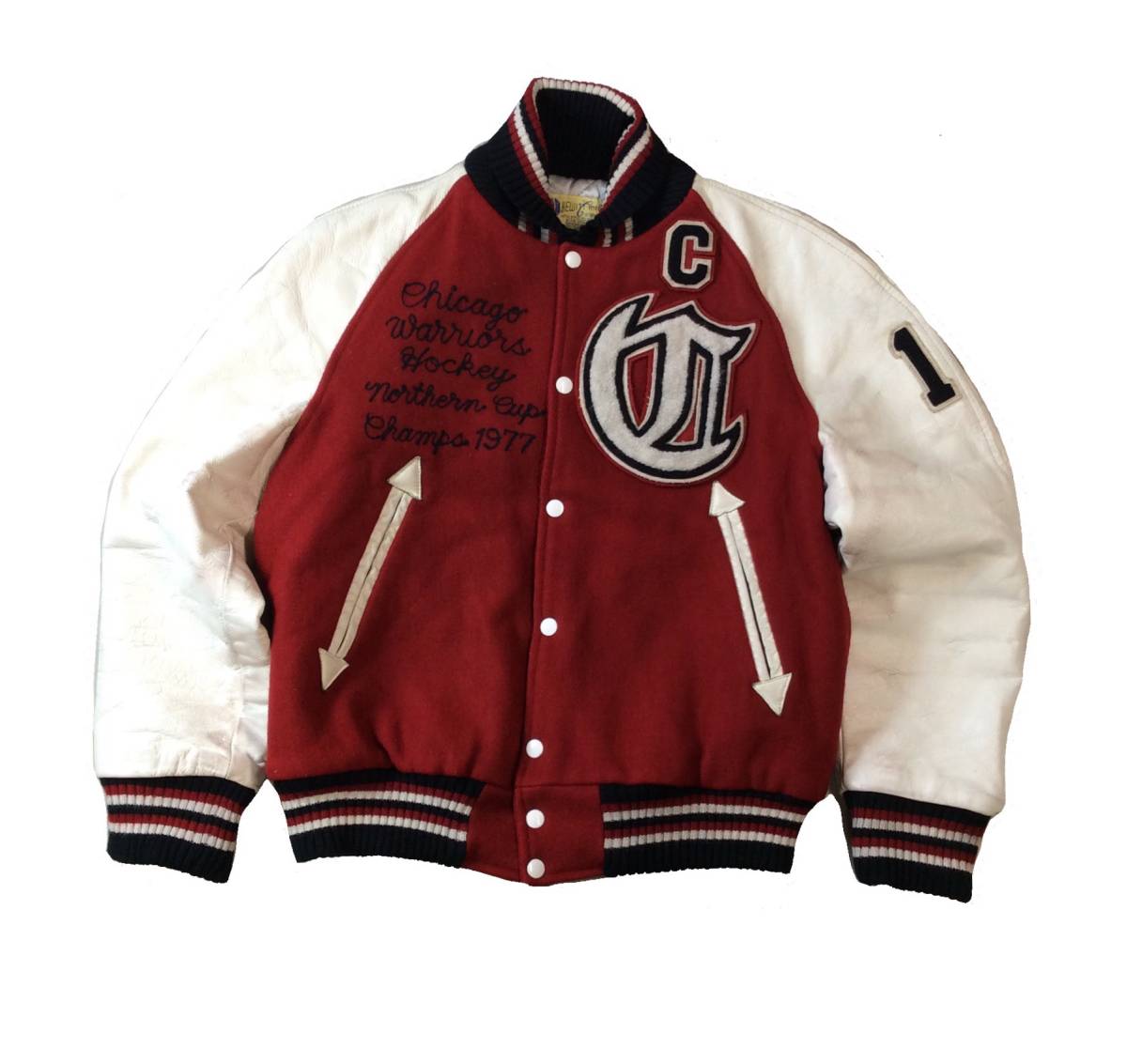 Back Drop × HEWITT バックドロップ ヒューイット 袖レザー スタジャン アワードジャケット ぶっさん 木更津キャッツアイ 白×赤 USA製 拍卖