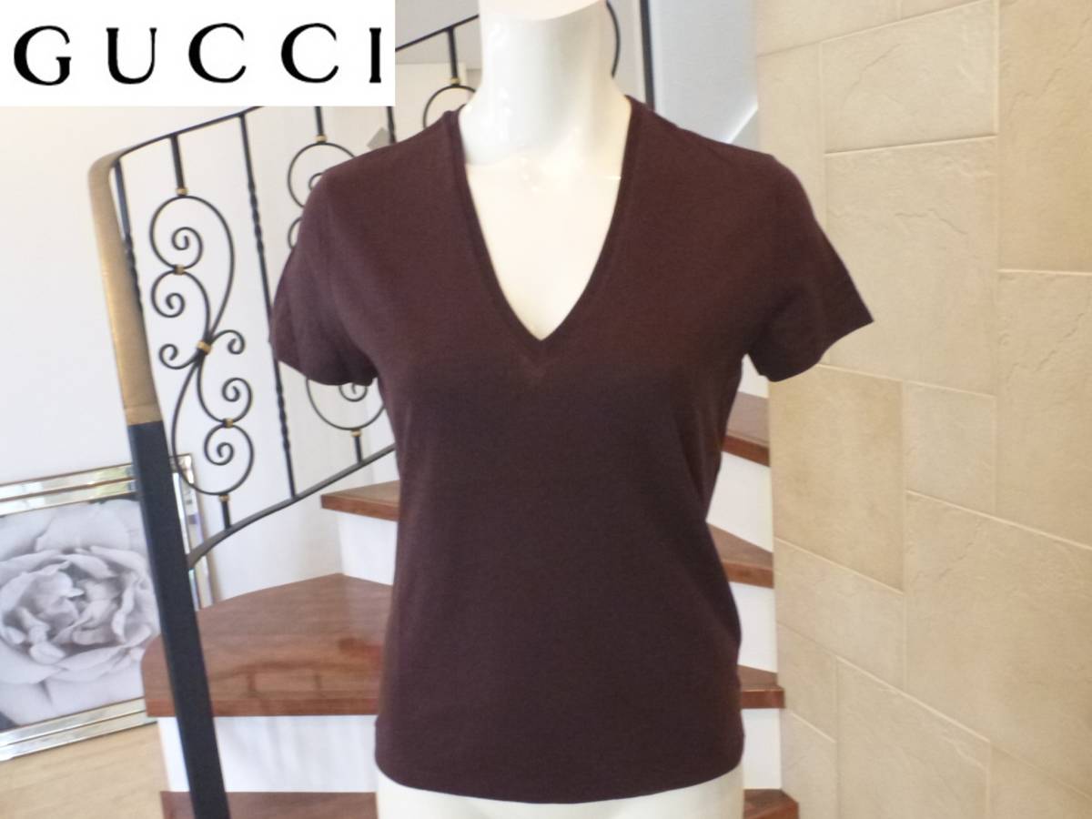 美品 グッチ(GUCCI)★ 茶ブラウン 半袖Tシャツ vネック S相当拍卖