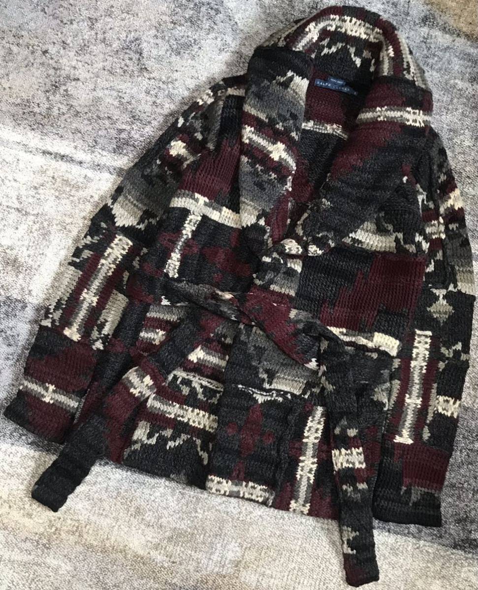 別格のパッチワーク×ネイティブ柄 ★ RALPH LAUREN ★ラルフローレン HAND KNIT ショールカラー ハンドニット カーディガン ガウン S拍卖