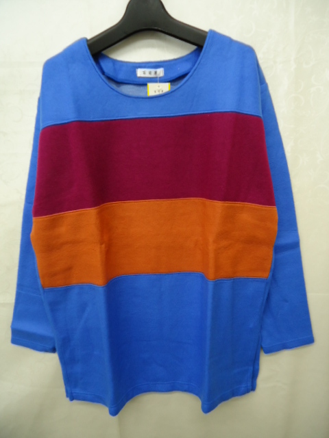 【KCM】tk-19★未使用品★レディース 配色切替 フリース 長袖プルオーバー ブルー×ワイン×オレンジ系 サイズ M~L 日本製拍卖