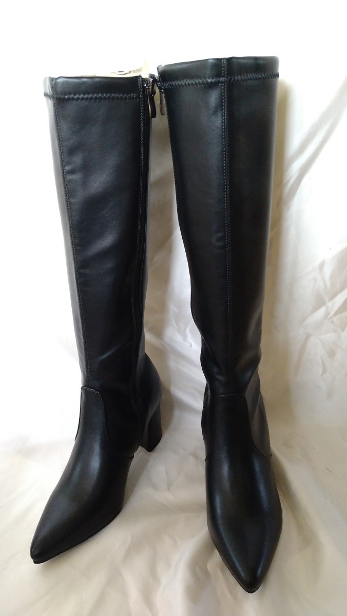 新品【S】メタルルージュ 晴雨兼用 ポインテッドトゥ チャンキーヒール ロングブーツ ストレッチ maaRu拍卖