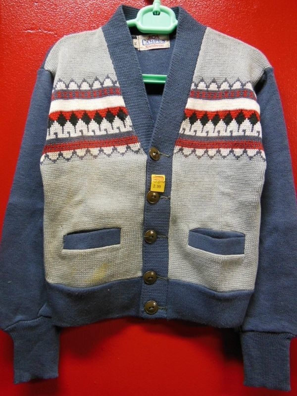 50S デッド ビンテージ CAMPUS 雪柄 ネイティブ柄 コットンニット カーディガン スウェット 青/子供用30/ロカビリー 30S40S ギャバジャン拍卖