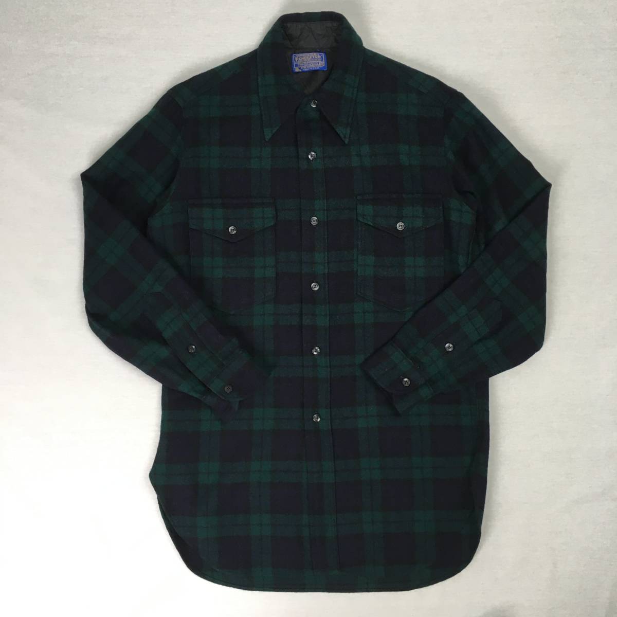 【美品/70s】PENDLETON ペンドルトン 米国製 ウールシャツ サイズ15 グリーン/ネイビー/ブラック チェック柄 70年代 長袖拍卖