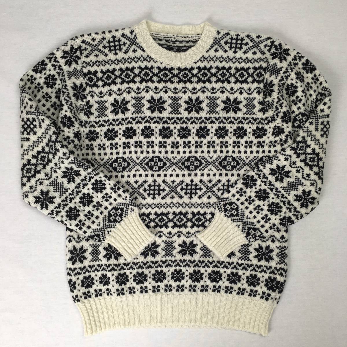 Jamieson's ジャミーソンズ スコットランド製 MK158C-625 フェアアイル柄 クルーネック ウール ニット セーター ホワイト/ブラック Mサイズ拍卖