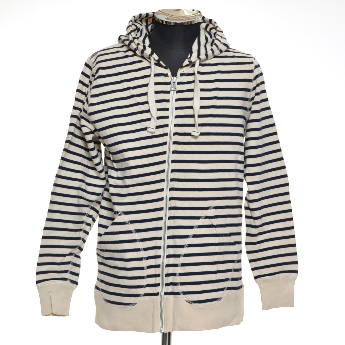 〇489266 HOUSTON ヒューストン ○ボーダージップパーカー エルボーパッチ 20893 サイズL メンズ ネイビー オフホワイト拍卖