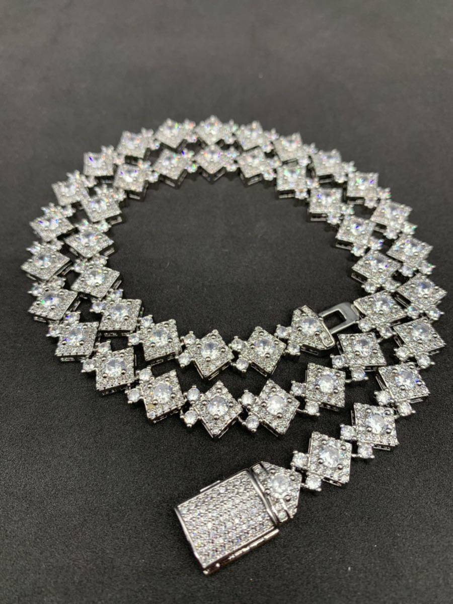 菱形 CZ ジルコニア パンク ブリンブリン ネックレス シルバー HIPHOP拍卖