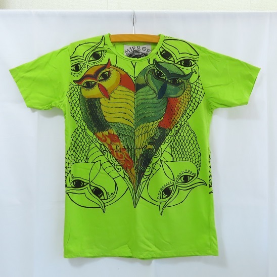 〓 新品 〓 ハート 梟 Tシャツ 〓 エスニック アジアン アジア フクロウ ライトグリーン コットン 綿 男女兼用 おしゃれ 〓E916拍卖