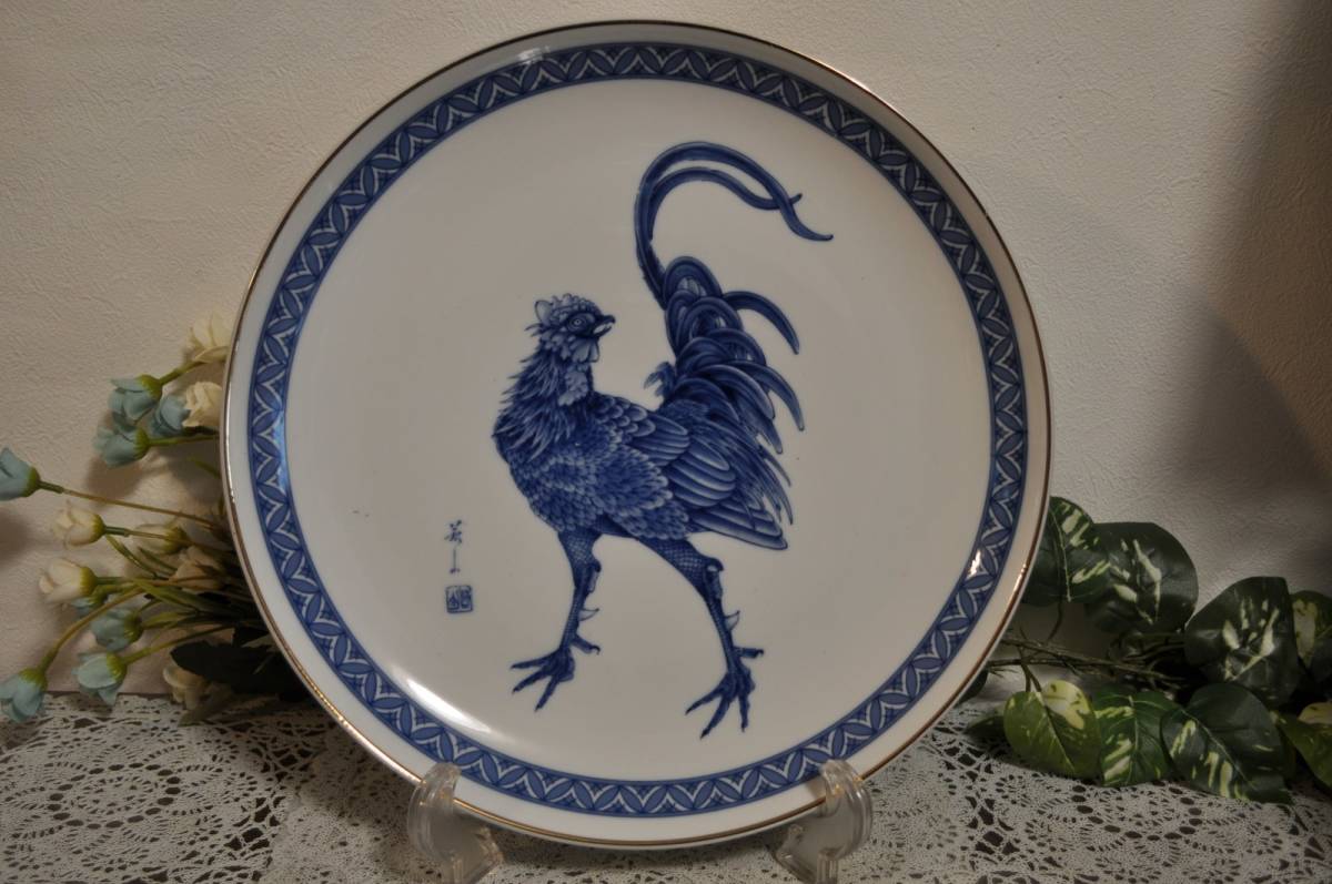 磁器ブルーイングレーズ 31.5㎝ 大皿 鳥り絵柄・飾り皿・食器・干支・パーテイ用皿拍卖