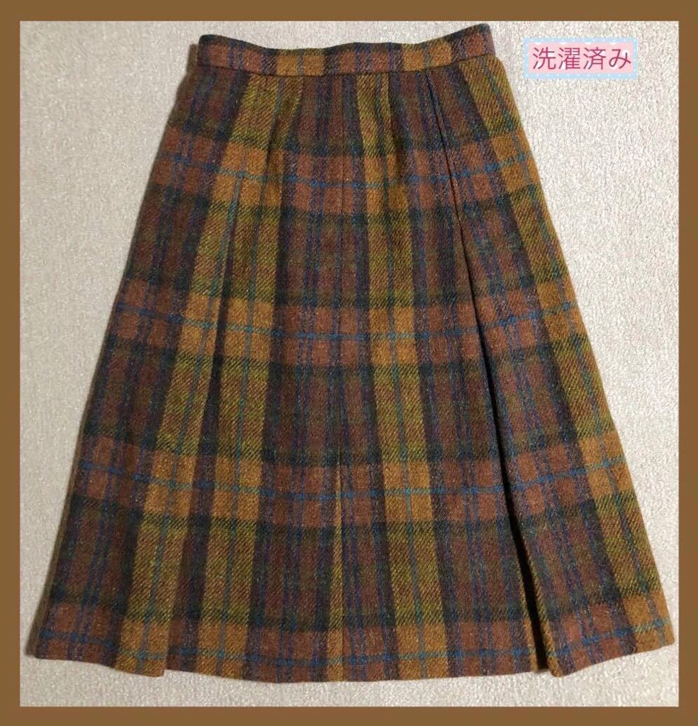 昭和レトロ レンガ色 タータンチェック ボックスプリーツスカート 厚手 煉瓦色 青 黄土色 オレンジ チェック ウール USED古着 ウール 古着 拍卖