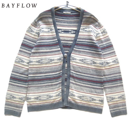 美品!!ベイフロー BAYFLOW*コンチョボタン インディゴ染めネイティブ柄コットンニットカーディガン 2 実寸S拍卖