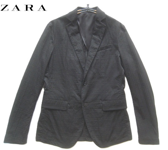 美品!!ザラ ZARA*ダークチェック柄ストレッチナイロン2つボタンアンコンジャケット 46 実寸M 黒 ブラック拍卖