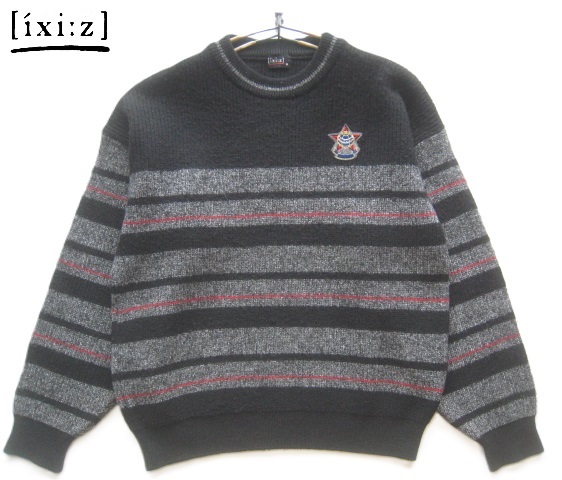 高級!!イクシーズ ixi:z*ロゴワッペン付き ボーダー柄クルーネックウールニットセーター M 黒×グレー×赤 ダーバン D'URBAN拍卖