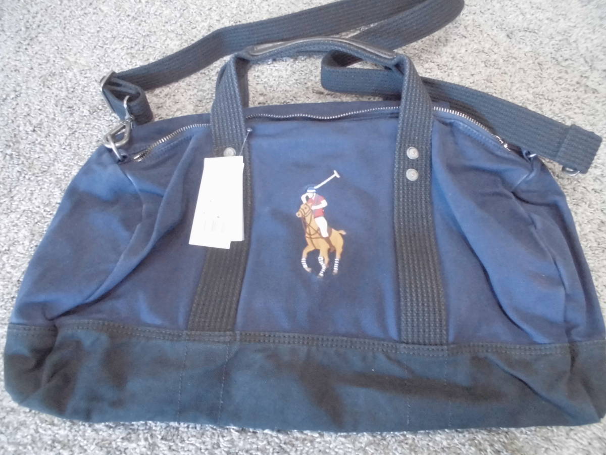 ラルフローレン キャンバス生地ショルダーバック 縦31㎝横50㎝ 紺系色拍卖