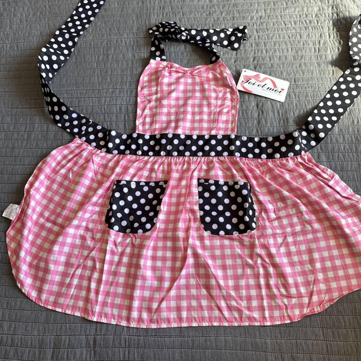 新品人気 大人可愛いドット×チェックワンピエプロン toi et moi エプロン ギンガムチェック 親子でお揃いサイズ有り拍卖