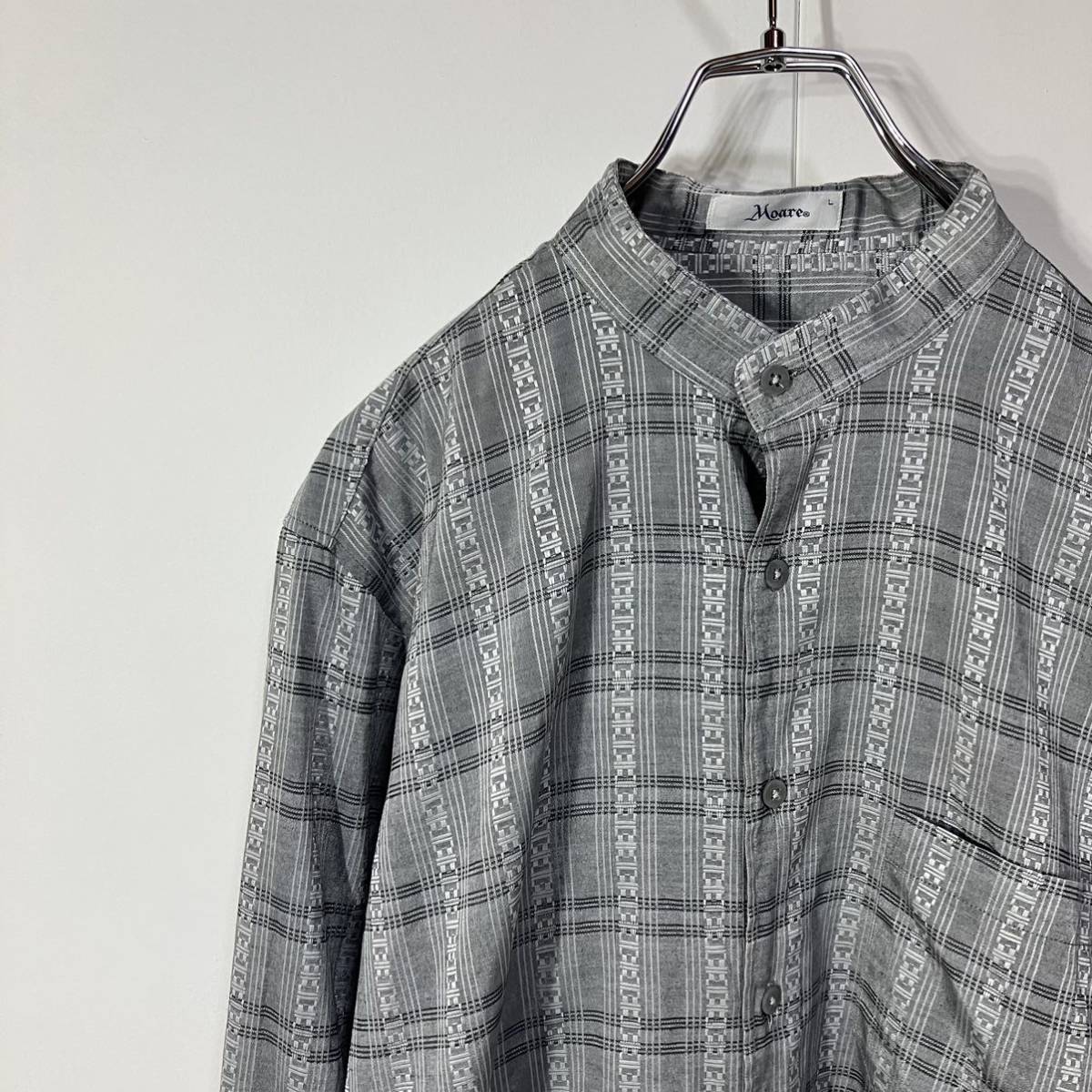 古着 格子 ジャガード デザイン ポケット 光沢 長袖 スタンドカラー スクエアカット シャツ グレー L拍卖