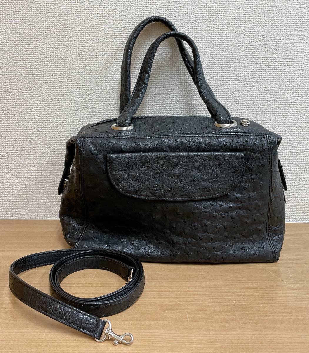 お値下げ★【オーストリッチ ハンドバッグ★】ブラック/黒/ショルダーストラップ付/お洒落/レディース/鞄/S511-375拍卖