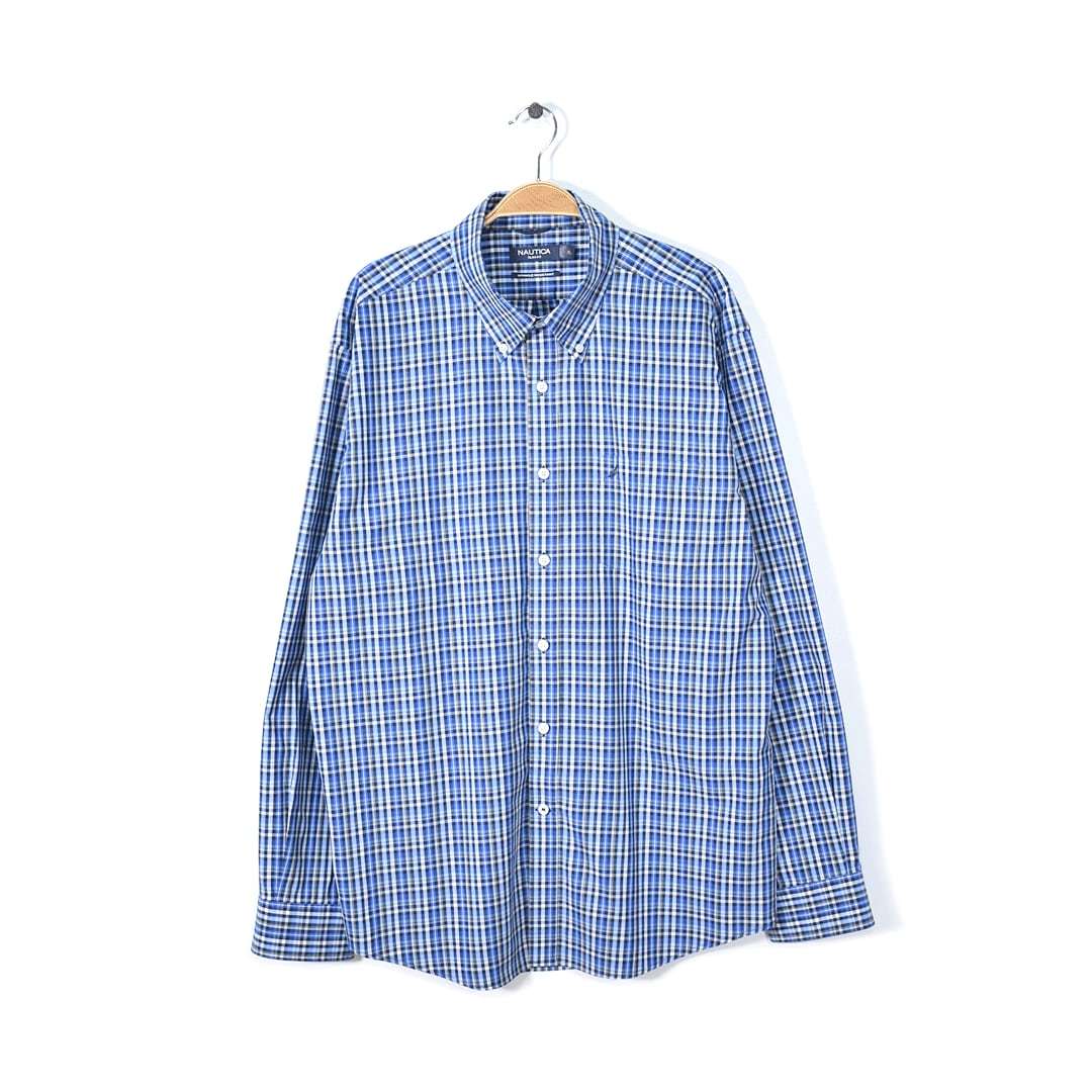 【送料無料】ノーティカ ボタンダウンシャツ ブルーチェック コットン 長袖シャツ NAUTICA 大きいサイズ メンズXL 古着 @CA1177拍卖