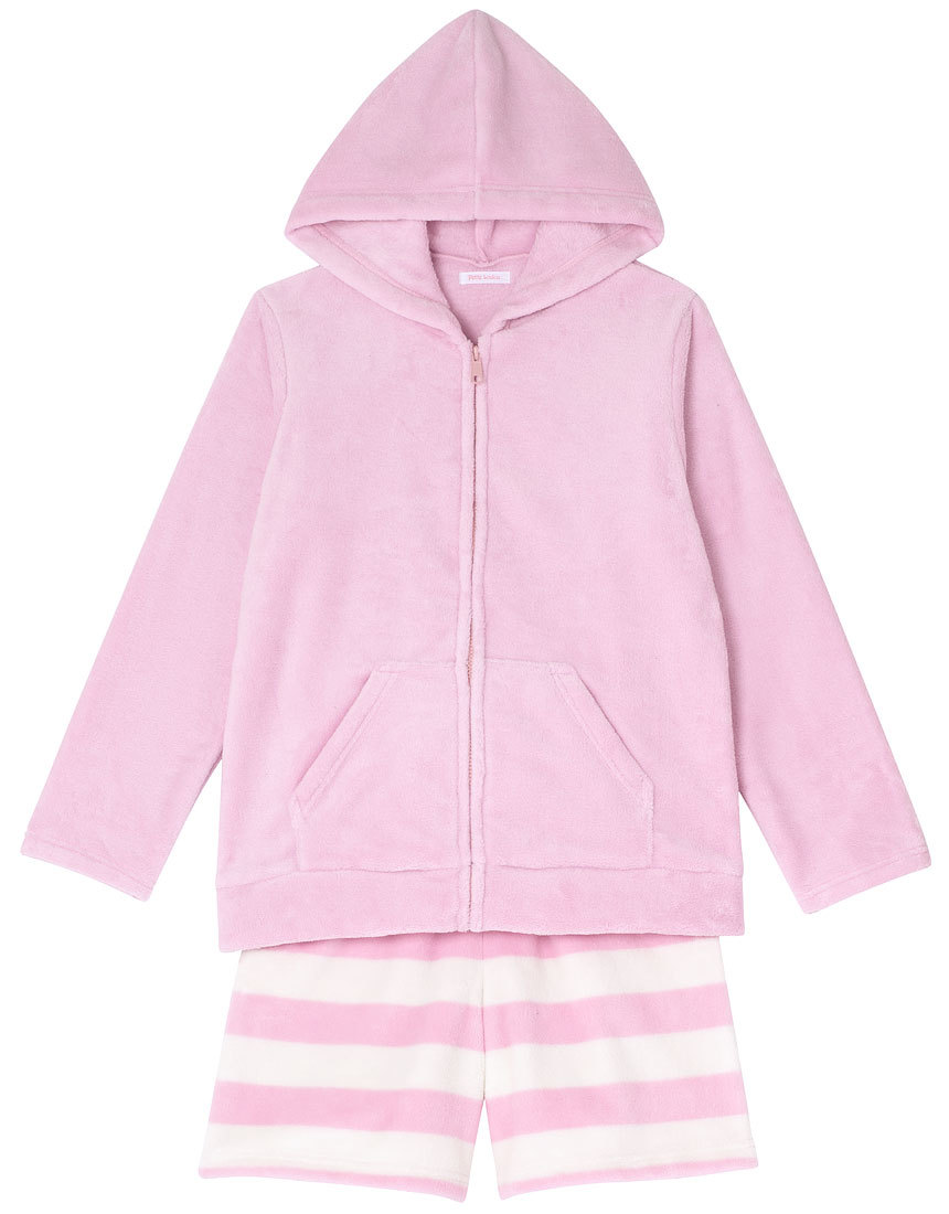 プティルル☆パジャマ☆ワコール新品パジャマ サイズMルームウエア★フリース 長袖パーカー&4分パンツ ピンク&ボーダー拍卖