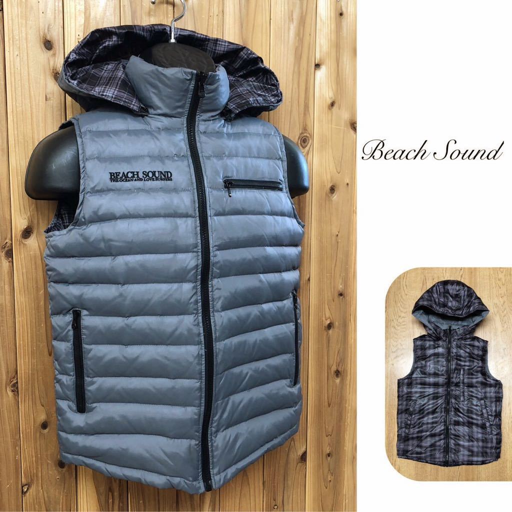 Beach Sound /ビーチサウンド /メンズS リバーシブル ナイロンベスト ダウンベスト チェック柄 ロゴ刺繍 中綿 防寒 サーフ系 古着拍卖