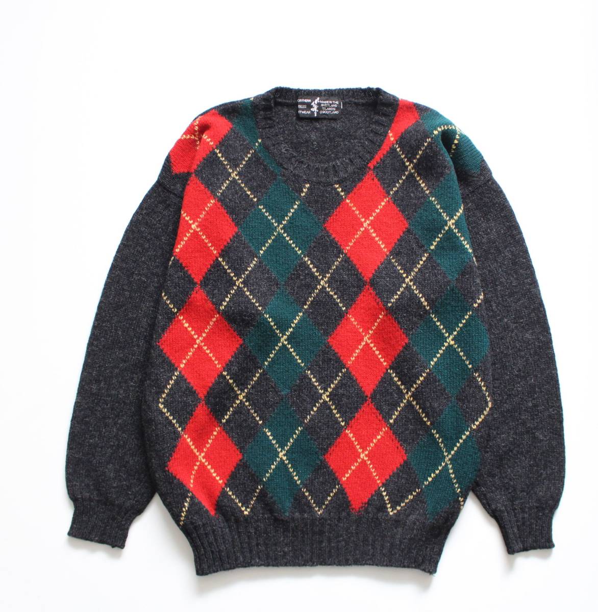 英国製【 NORTHERN ISLES KNITWEAR ノーザン アイルズ ニットウエア 】アーガイル シェットランドウール ニット セーター オールド古着拍卖