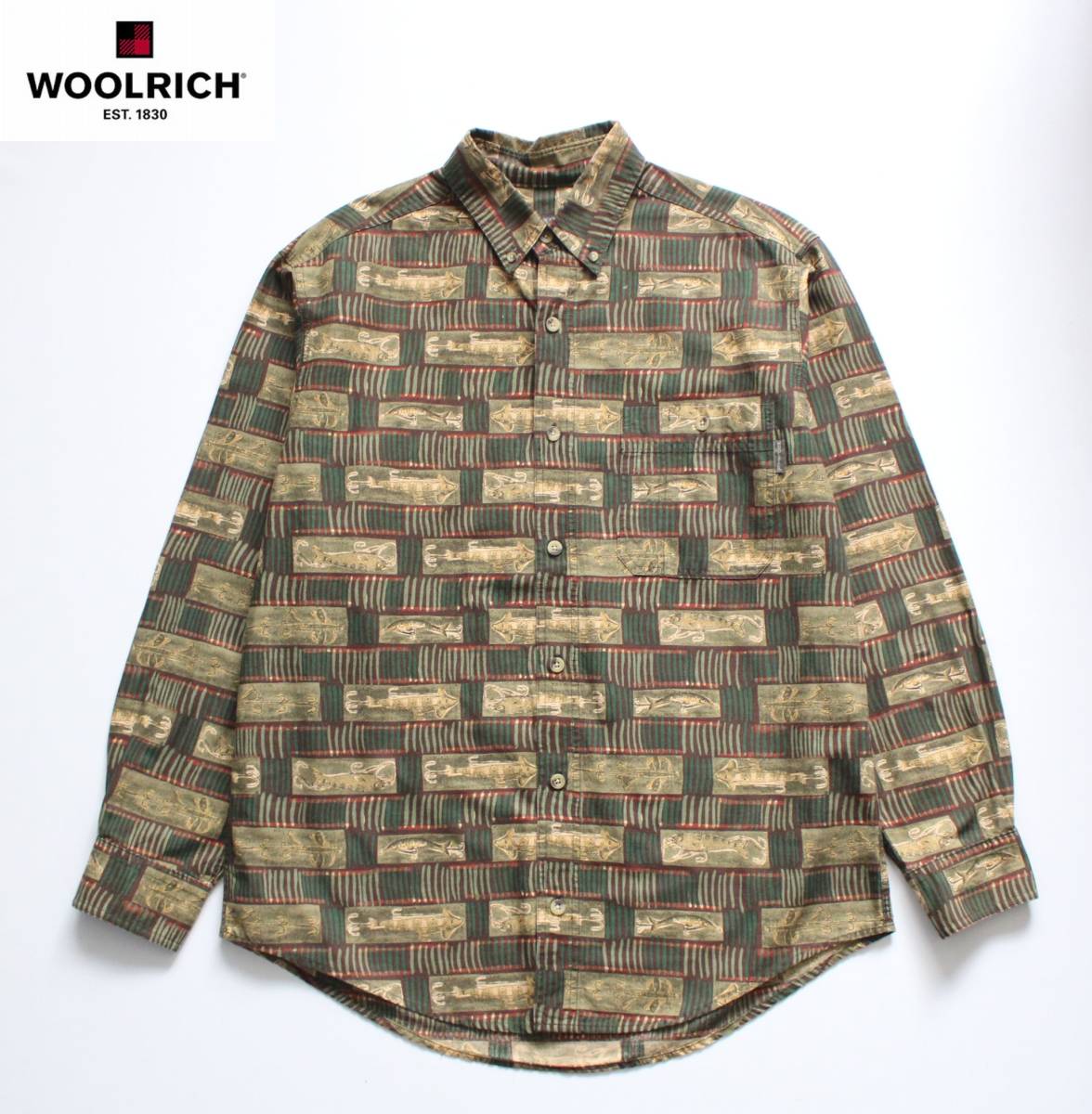 【 WOOLRICH ウールリッチ 】コットン 長袖シャツ M/大きめ フィッシュ ルアー 総柄 ボタンダウン OLIVE HORIZONTAL FISH LURES 釣り拍卖