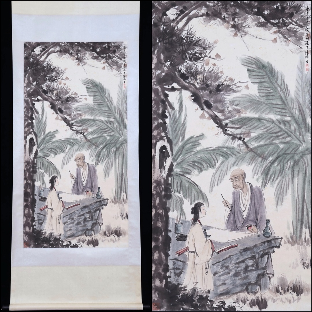古美術 掛け軸 中国・近現代 傅抱石書 「蕉陰高士図」 紙本 立軸 書道 巻き物 真筆逸品 肉筆保証 唐物 古画 LT-11377拍卖
