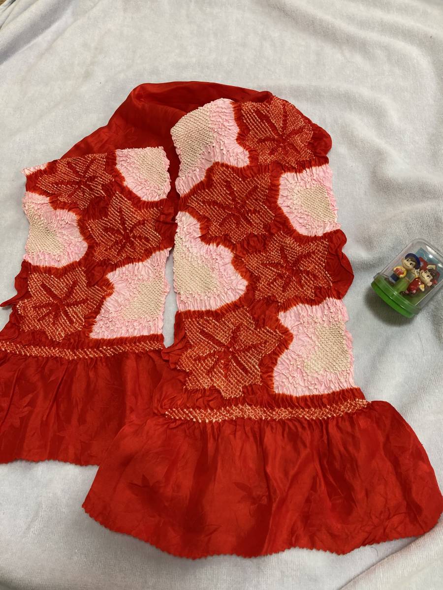 正絹綸子地 紅葉柄地紋 紅葉/桜花柄絞帯揚&ペコポコ ケース入り人形(径約5×6cm) 未使用拍卖