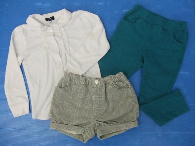 【お買得】★女の子用3点セット★①長袖ブラウス/120/白 ②ショートパンツ/120/グレーチェック ③長ズボン/110/緑 Gest Geant/タキヒヨー拍卖