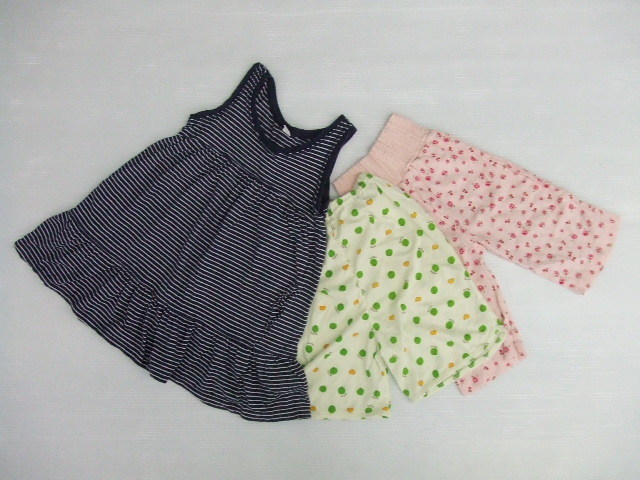 【お買得】★女の子用3点セット★①ノースリーブワンピース/110/紺・ボーダー ②半ズボン/110/緑 ③長ズボン/95/ピンク UNIQLO/TOPVALU拍卖