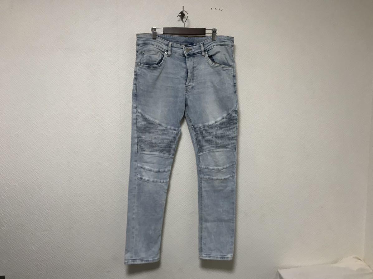 本物エイチアンドエムH&Mコットンストレッチバイカーダメージ加工スキニーデニムパンツサーフアメカジミリタリーワークメンズ34青ブルーL拍卖