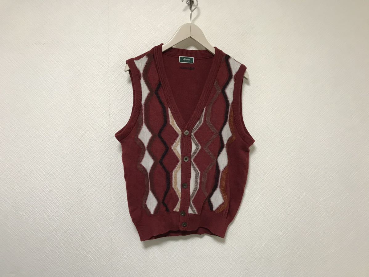 本物エレッセゴルフellesseGOLFウール柄ジレベストカーディガンサーフアメカジミリタリービジネススーツメンズL赤レッド拍卖