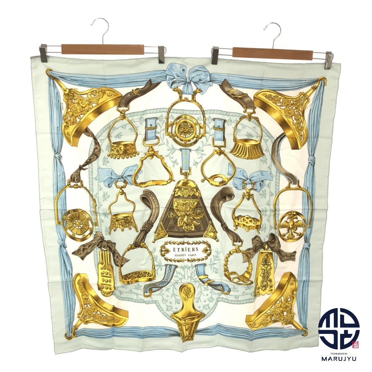 HERMES エルメス カレ90 ETRIERS 鐙柄 馬具柄 ライトブルー 黄色 シルク スカーフ アパレル小物拍卖