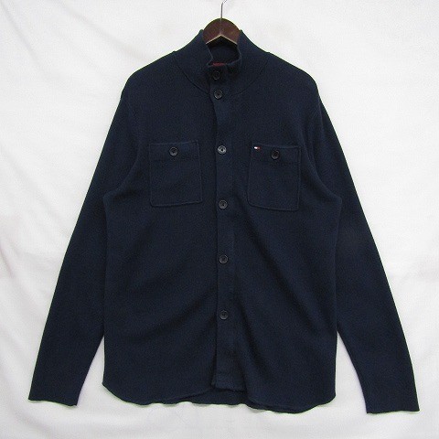 サイズ M トミー ヒルフィガー ニット カーディガン フルジップ モックネック 2ポケット コットン ネイビー TOMMY HILFIGER 古着 1S0432拍卖